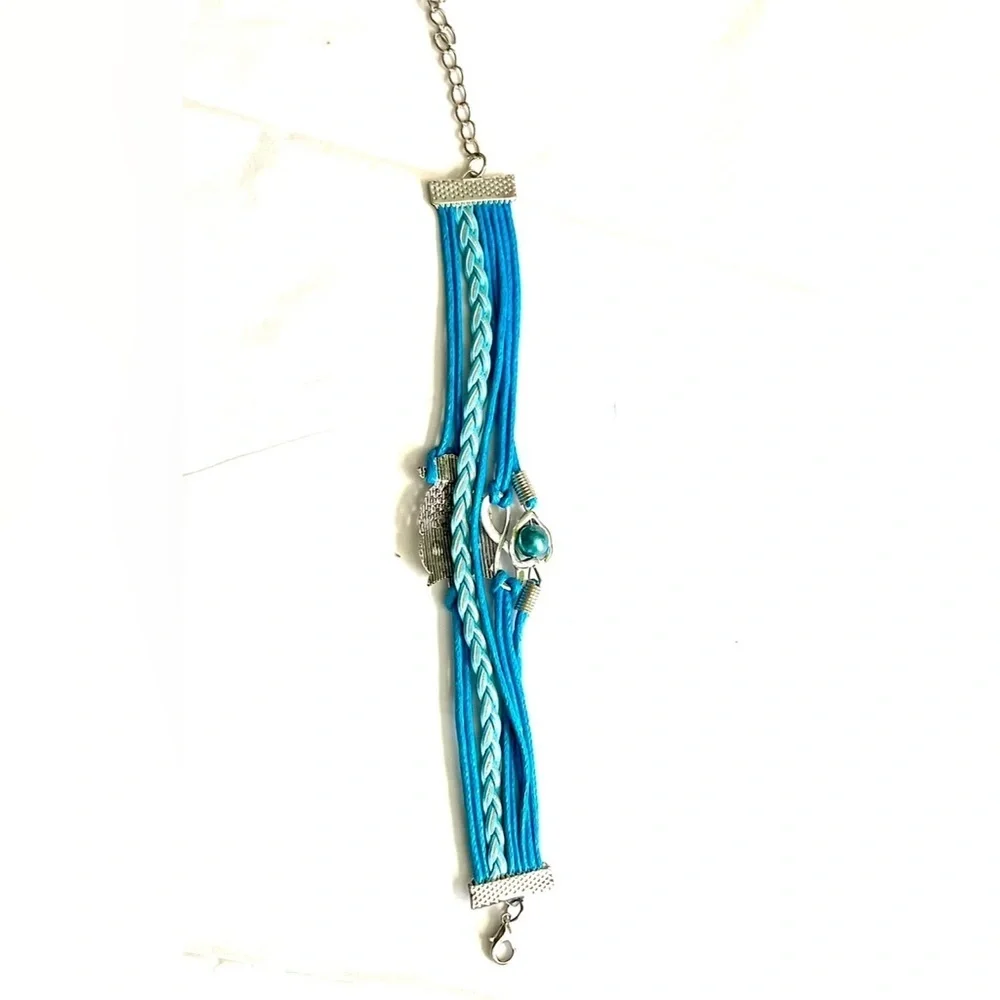 New! Pretty Blue Silver Multilayer Owl Infinity Five Layered Leather Bracelet